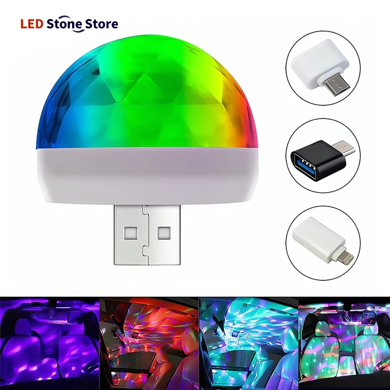Car USB Ambient Light DJ RGB Mini Colorful Music Sound Led Apple USB Interface Holiday Party Atmosphere Interior Dome Trunk Lamp