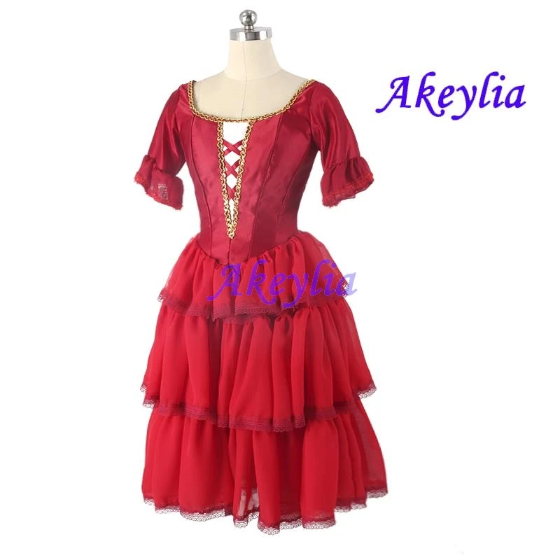 Vestido de balé estilo espanhol, saia de desempenho de competição profissional, don quixote, 3 camadas de chiffon vermelho mancha para menina jnbl203