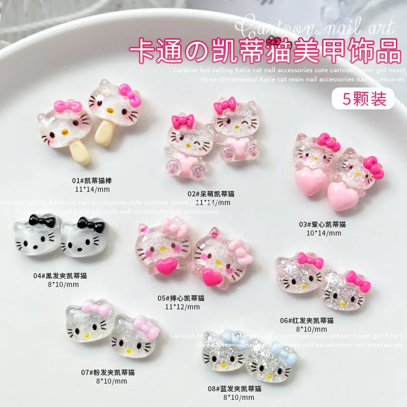 10pcs Sanrio Hellokitty Nail Charms Cute 3d Black Pink Blue Bow Kitten Resin Diamond Hello Kitty Heart Shape Nail Decoration