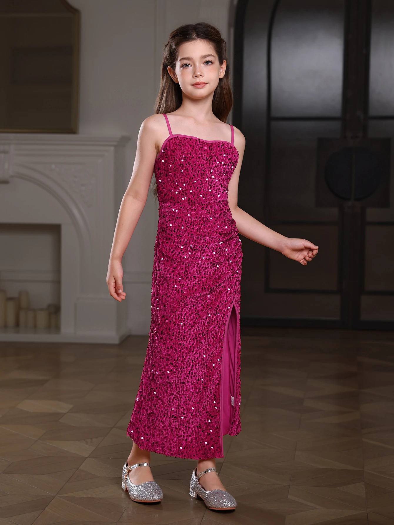 Girls Enchanting Sequined Maxi Gown Dress - Thin Strappy & Split Fish Tail Hem for Birthday Parties, Weddings, Pageants & More