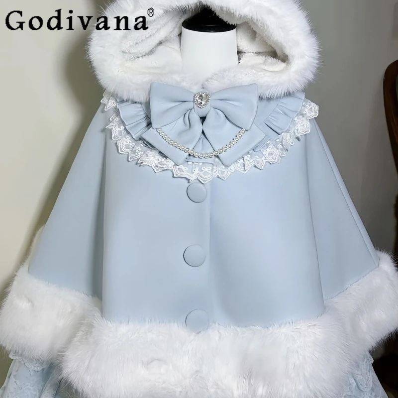 

Blue Lolita Cute Sweet Cape Coat Women's Autumn Winter New Fleece Lined Cloak Female Japanese Style Bow Lolita Capes