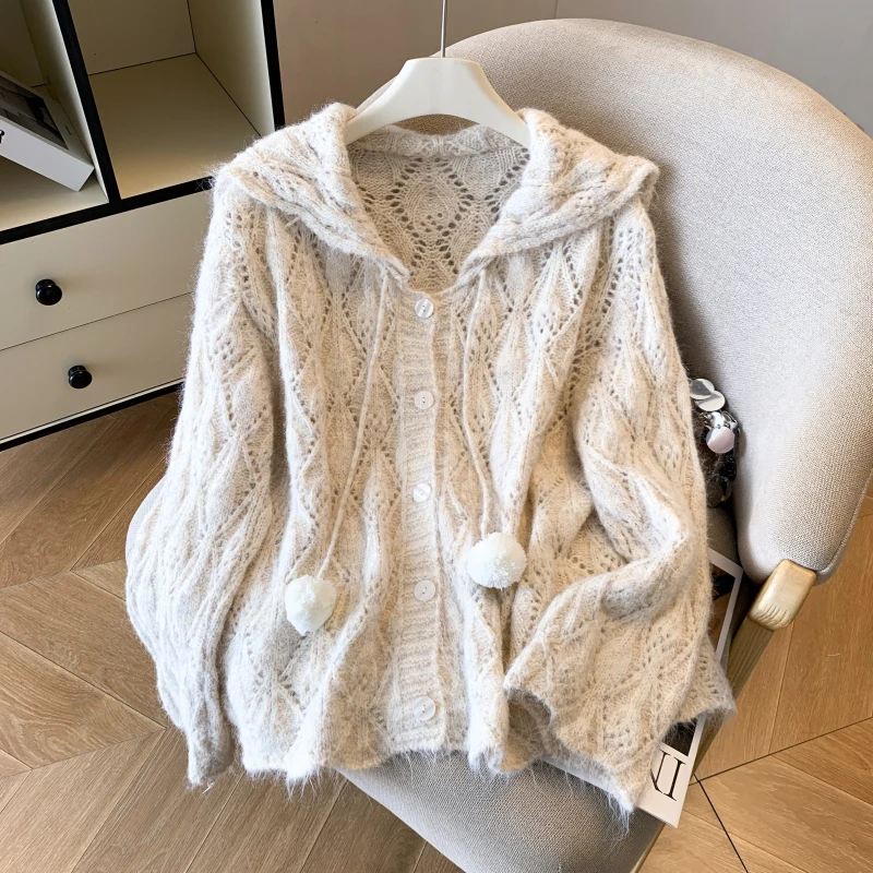 سترة سترة ذات ياقة بحرية لطيفة للنساء، فضفاضة وكسول في الخريف / الشتاء، سترة محبوكة متخصصة #1