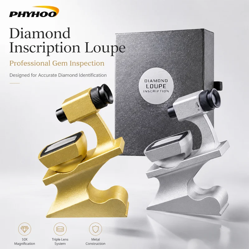 PHYHOO 10X Diamond Inscription Loupe Triple Lens System Professional Gemstone Inspection Magnifier Stand Rings Holder Gem Viewer