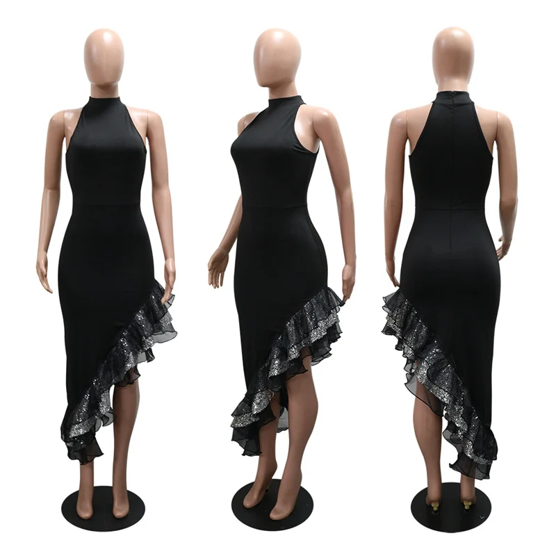 Doyerl Elegant Black Bodycon Maxi Dress Women Sleeveless Night Club Celebrity Sequins Ruffles Asymmetrical Party Prom Dresses