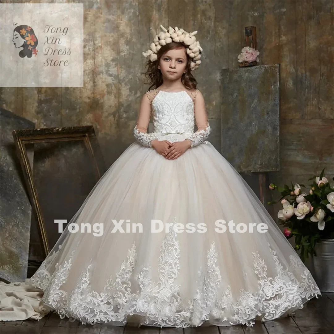 Flower Girl Dresses Luxurious Sleeveless Tulle Lace Applique Kids Evening Gowns For Girls First Communion Girl Dress