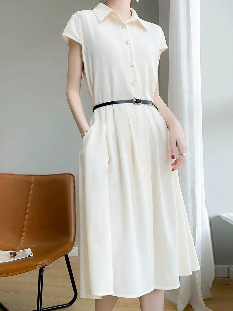 엘레 칼라 새틴 드레스 여성 여름 슬림핏 오트 슬리브 롱 루즈핏 다용도 미드 웨이스트 A라인 드레스 버튼 디테일
