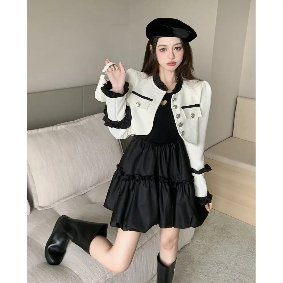 Korean Girl Group Two Piece Set Women Elegant Party Hollow Out Dresses Suit Female Designer Cardigans＋Sweet Strap Cake Dress