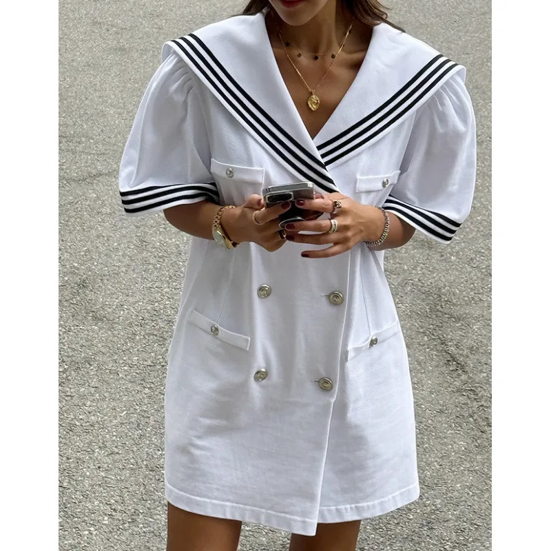 

Navy Collar Contrasting Striped Dress Women Y2K European And American Knitted Fabric Contrasting High Street A-line Dresses New