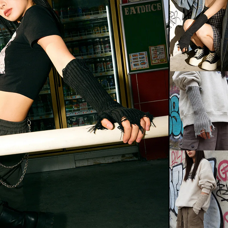 Y2K Broken Edge Knitted Gloves Mid Sleeve Solid Color Unisex Arm Warmers Street Autumn