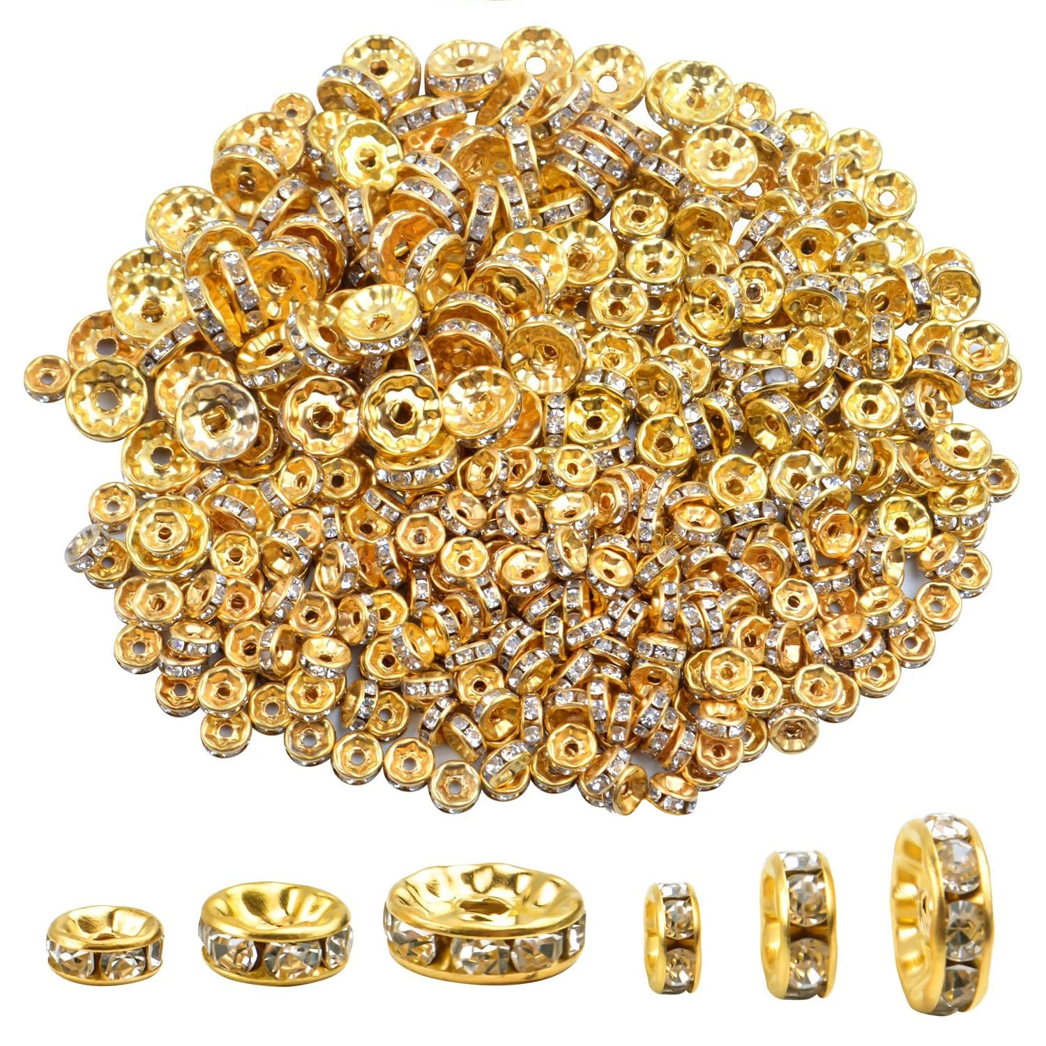 

400 Pieces Round Crystal Spacer Beads Rondelle Charm Beads 6mm 8mm 10mm for jewelery Making, Gold Color