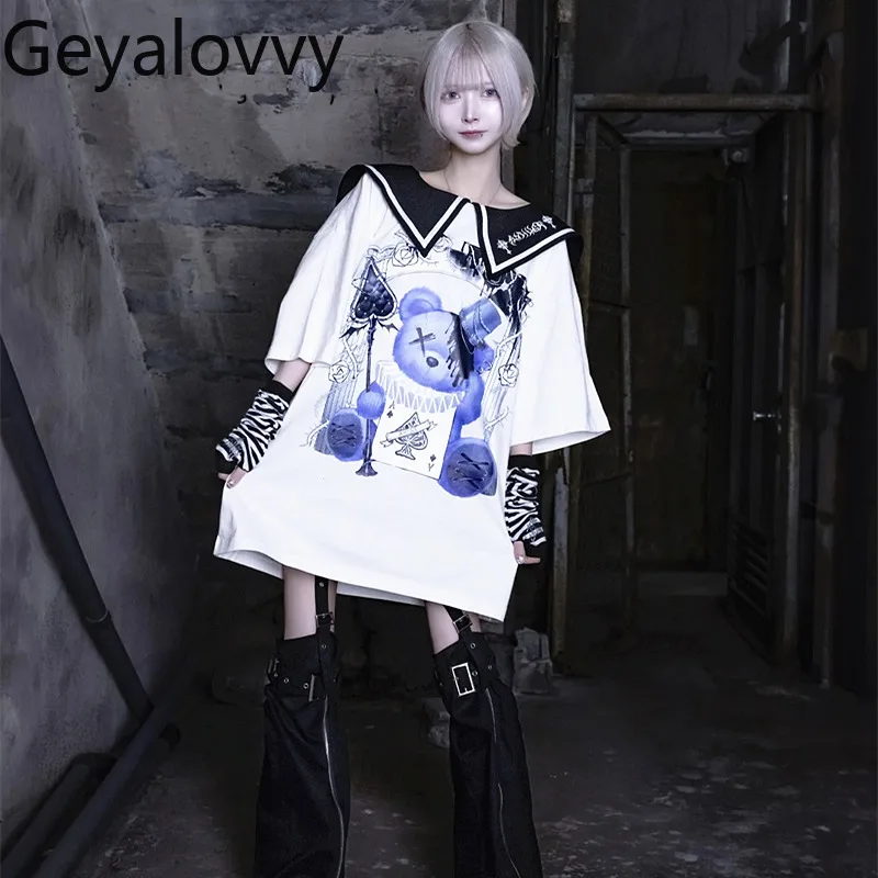 Japanese Harajuku Style Cartoon Print Sailor Suit Summer Sweet Cute Girls Versatile Navy Collar Short Sleeve T-Shirt Dress