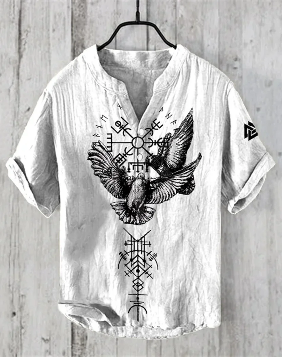 Herrenhemd Ethnischer Stil 3D-Druck Wikinger Herrenmode Plus Size Knopf Stehkragen Kurzarmhemd Herrenbekleidung Fast S