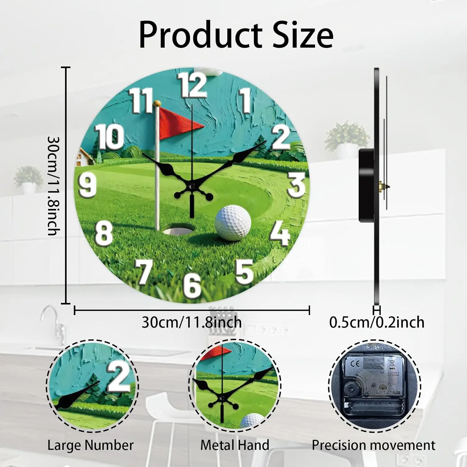 3D Golf Pattern Wall Clock 12 Inch Non-Ticking Clocks Grass Round Wall Hanging Clock Battery Operated for Bedroom Living Room