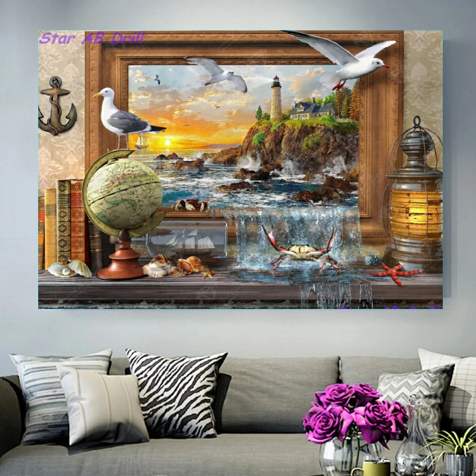 Landscape 5D DIY AB Drills Diamond Painting Sunset Sea Animal Birds Crab Cross Stitch Kits Embroidery Mosaic Scenery Home Decor