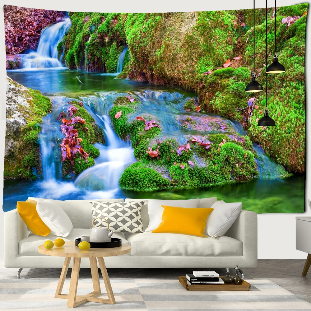 Natural Forest Waterfall Landscape Tapestry Psychedelic Scene Mandala Home Art Decoration Blanket Hippie Bohemian Bedroom Room