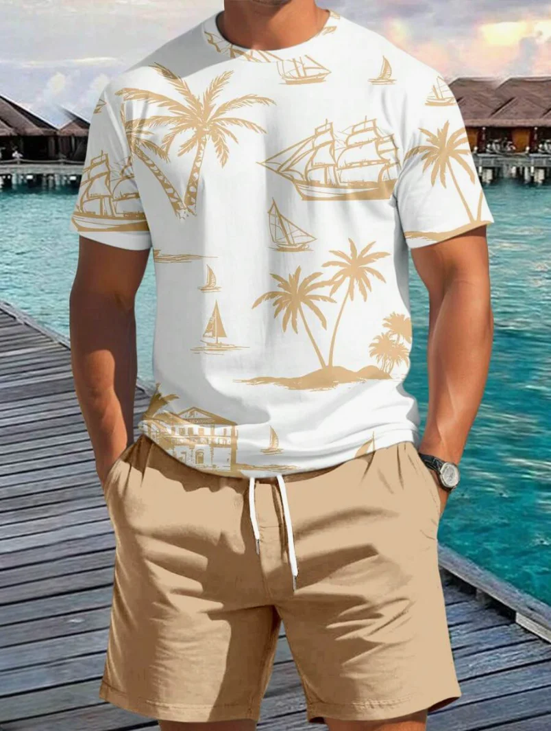 2025 Summer New Fashion Men's Suit, Crewneck Men's T-Shirt And Shorts Set, 2 Pieces, Casual Comfort, Beach-Style Men's Clothing.