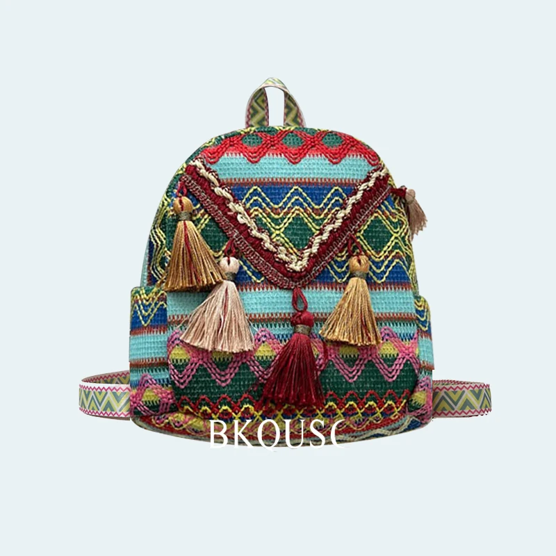 

BKQUSC Chinese retro women's mini backpack ethnic style color matching thick thread woven female backpack small storage bags