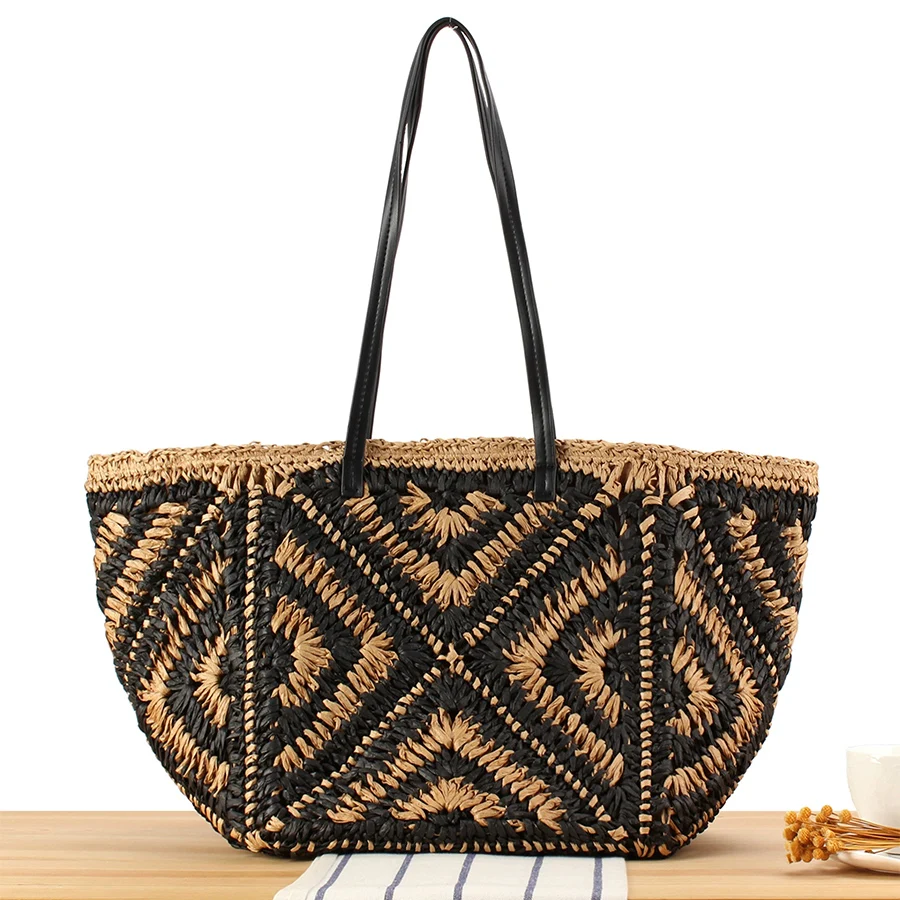 Summer straw handbag with multi-color stripes woven design.Large capacity beach vacation shoulder bag.Daily women's tote bag sac