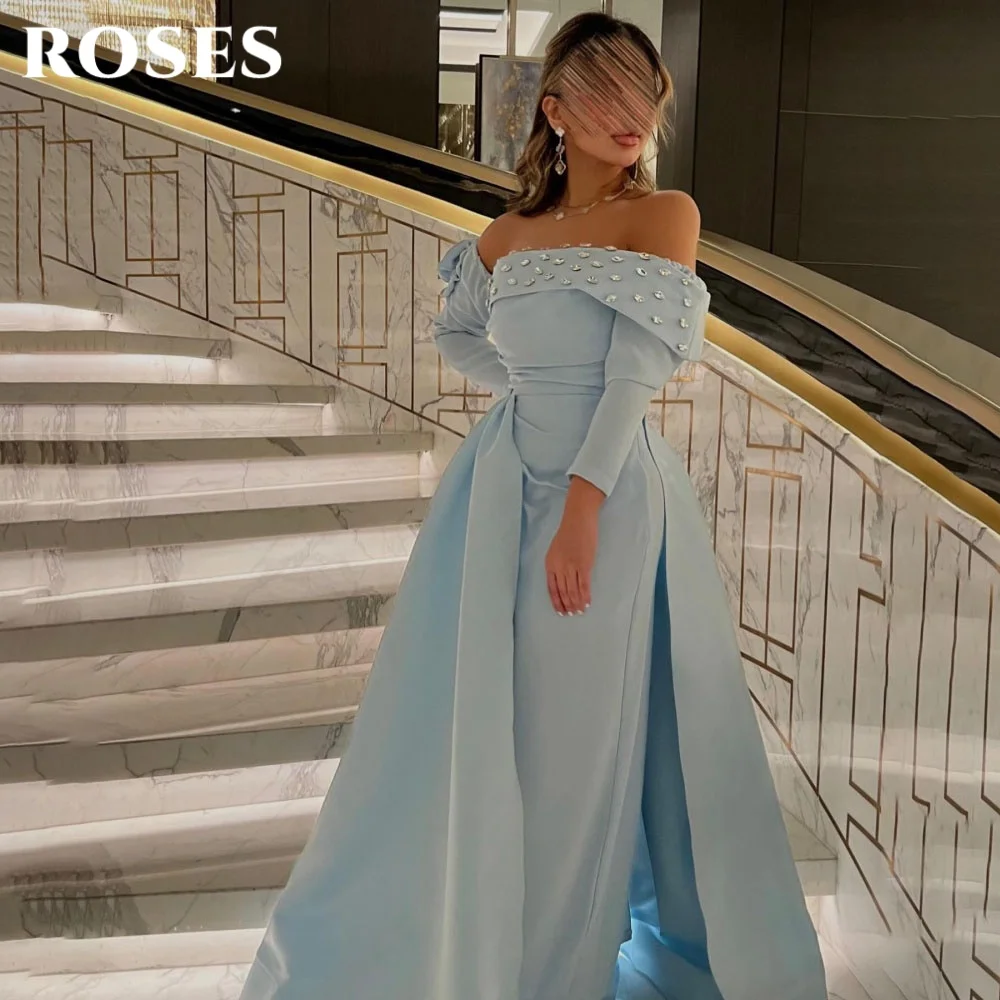 

ROSES Sky Blue Crystal Evening Dress Off Shoulder Pleat Satin Prom Gown Mermaid Party Dress فساتين السهرة Customized