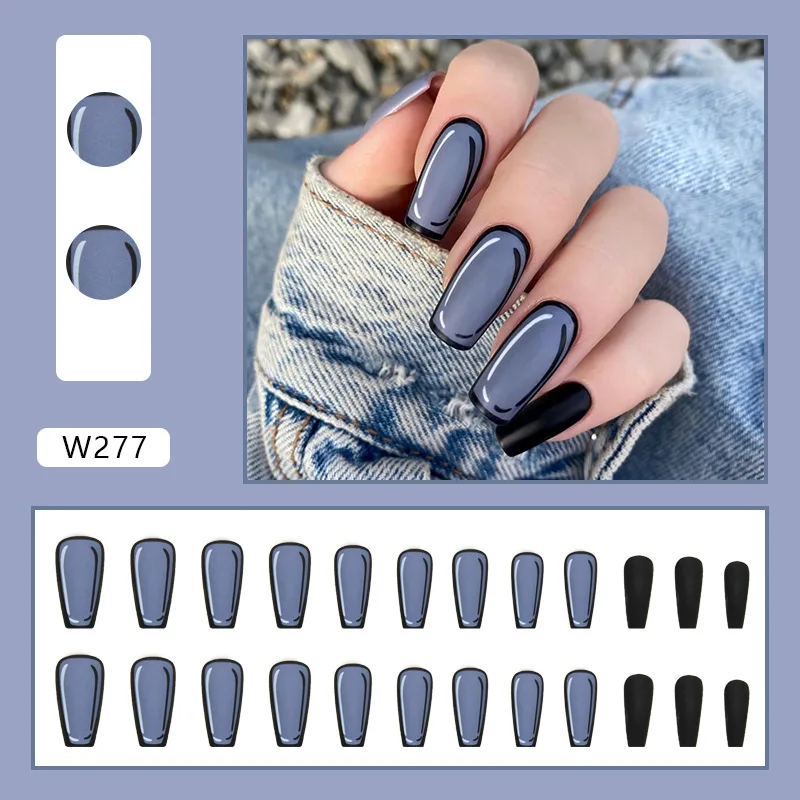 

24pcs Anime-Style Press-On Nails - Black Trim Razor Thin Outline & Cobalt Blue Long Square Shape (Multi Sizes)