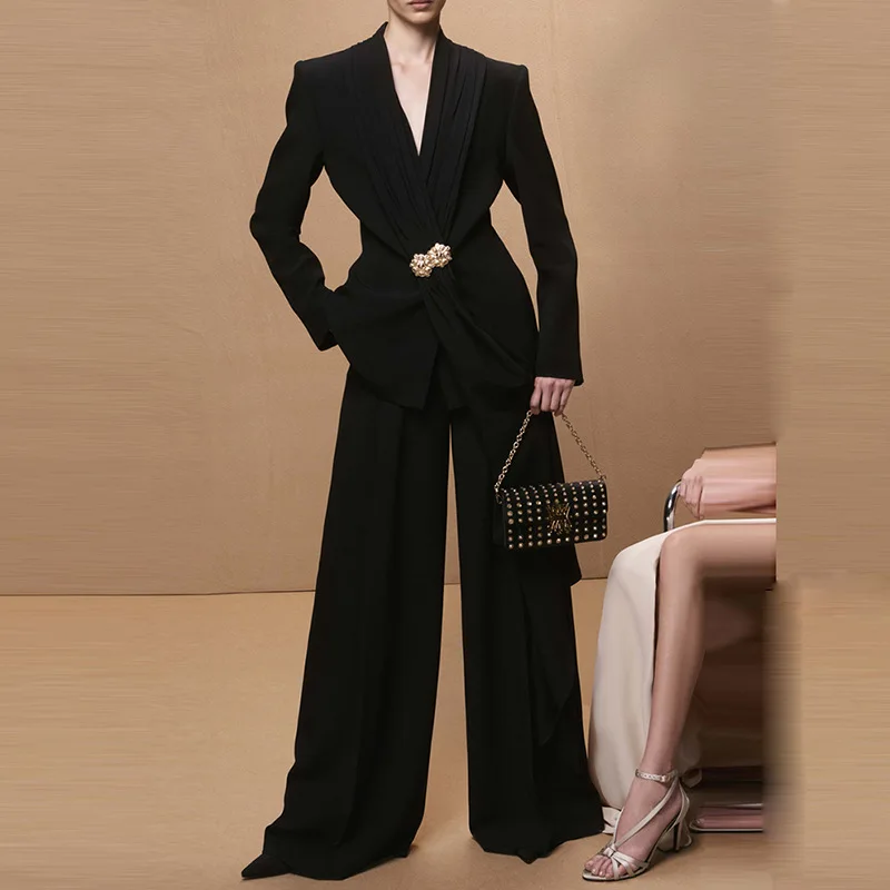 

2026 European And American Celebrity Fashion New Pleated Collar Suit Jacket+Straight Leg Pants Set Two-Piece Set Street Style