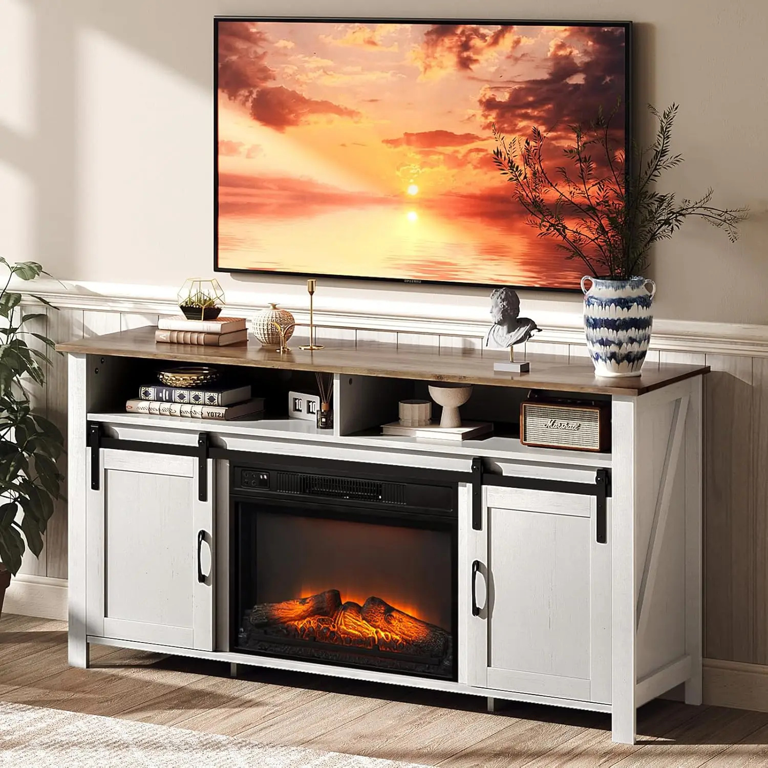 

Fireplace TV Stand with Sliding Barn Door for 70 Inch TV, Farmhouse Entertainment Center ＆ 23" Fireplace, Media, Customized