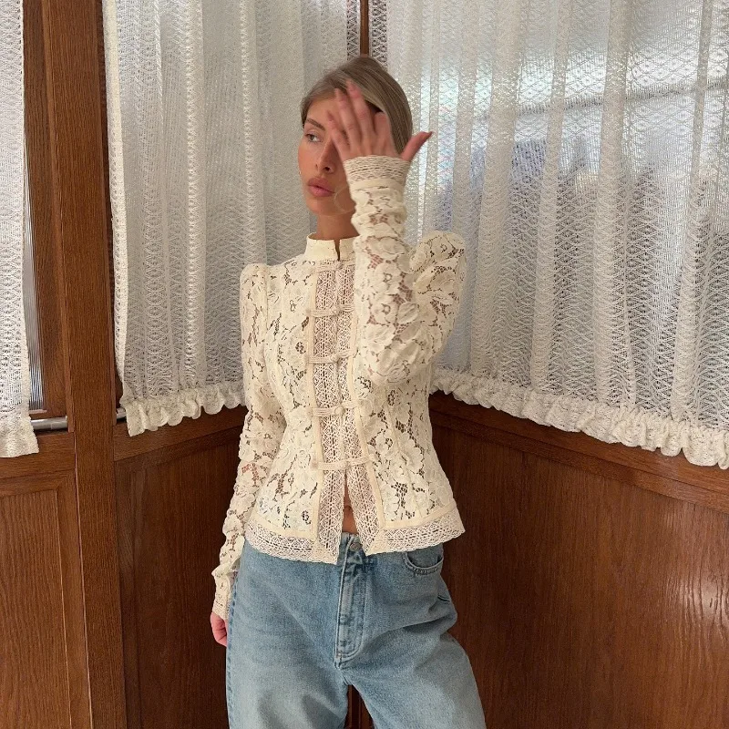 أنيقة التطريز نفخة الأكمام قمصان بيضاء الصيف مثير فستان من الدانتيل بلوزة عادية الرمال طوق أعلى 2025 قمصان خمر #4