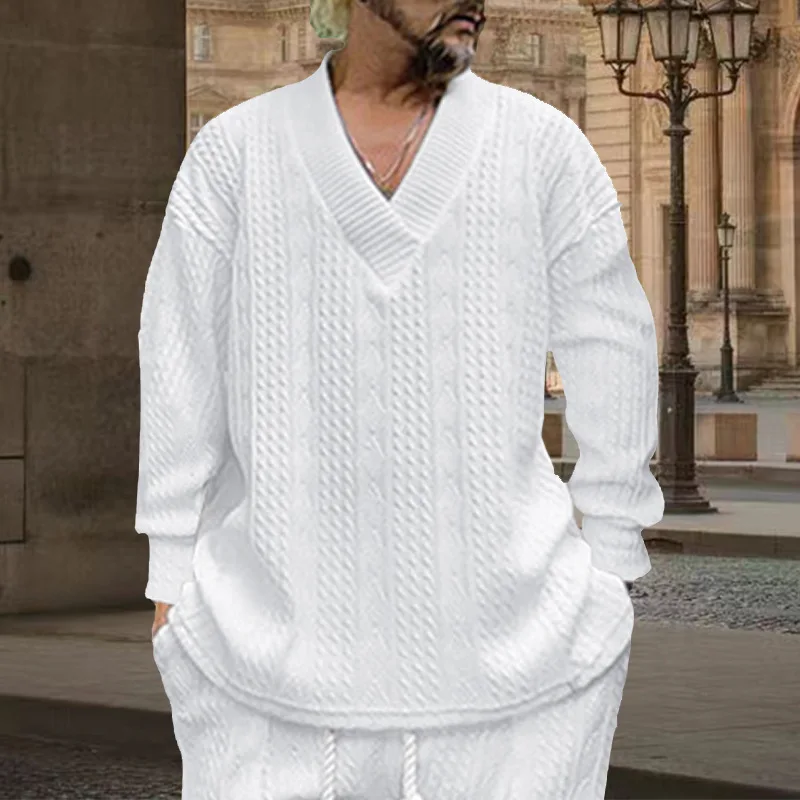 Autumn foreign trade casual jacquard knitted sweater men's loose long-sleeved T-shirt men's V-neck pullover jacquard top