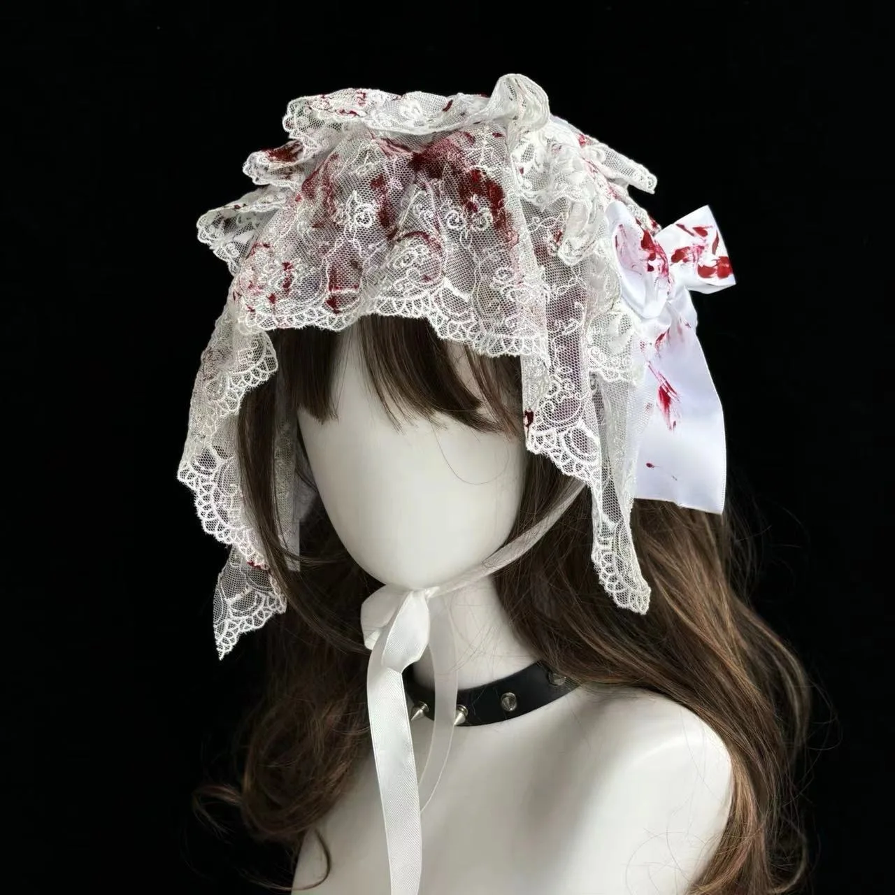 Gothic martwe włosy Lolita wielowarstwowa koronkowa kobieta nakrycie głowy krwawa opaska na głowę Party Cosplay biała siostra opaska do włosów