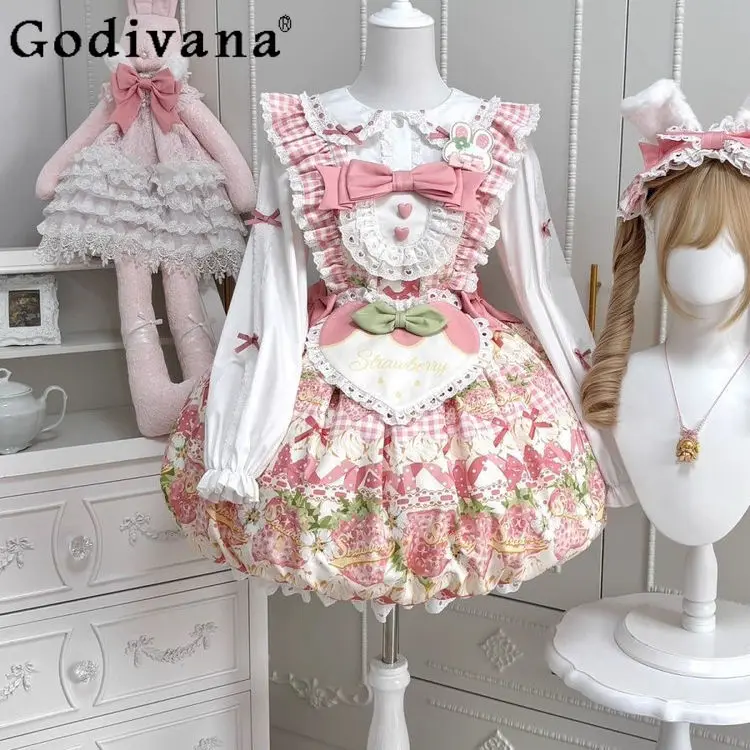 

Pink Lolita Strawberry Dresses JSK Spring Summer Summer New Desss Cute Girls Birthday Party Short Dress Long Sleeve Shirt Set