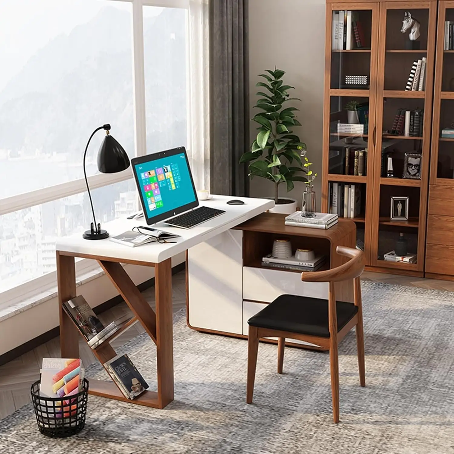 Multifunctional Computer Table with Bookshelf and Rotatable Storage Cabinet Keyboard Tray Study Table Gaming Desk Large Desk