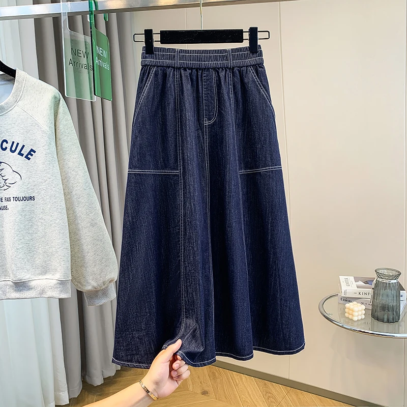 

2024 Spring Autumn New Korea Fashion Women High Waist Loose Vintage Blue A-line Skirt All-matched Casual Cotton Denim Skirts