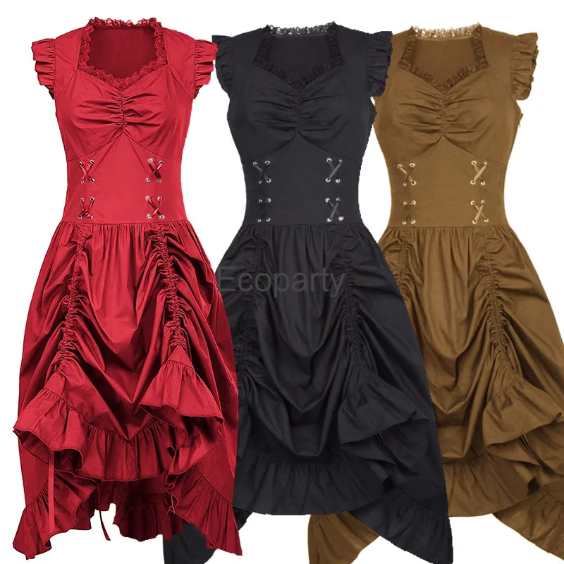 

New Women Renaissance Steampunk Dress Gothic Ruched Bodice Lace-Up V-Neck Ruffled Adjustable Victorian Dresses Vestidos De Mujer