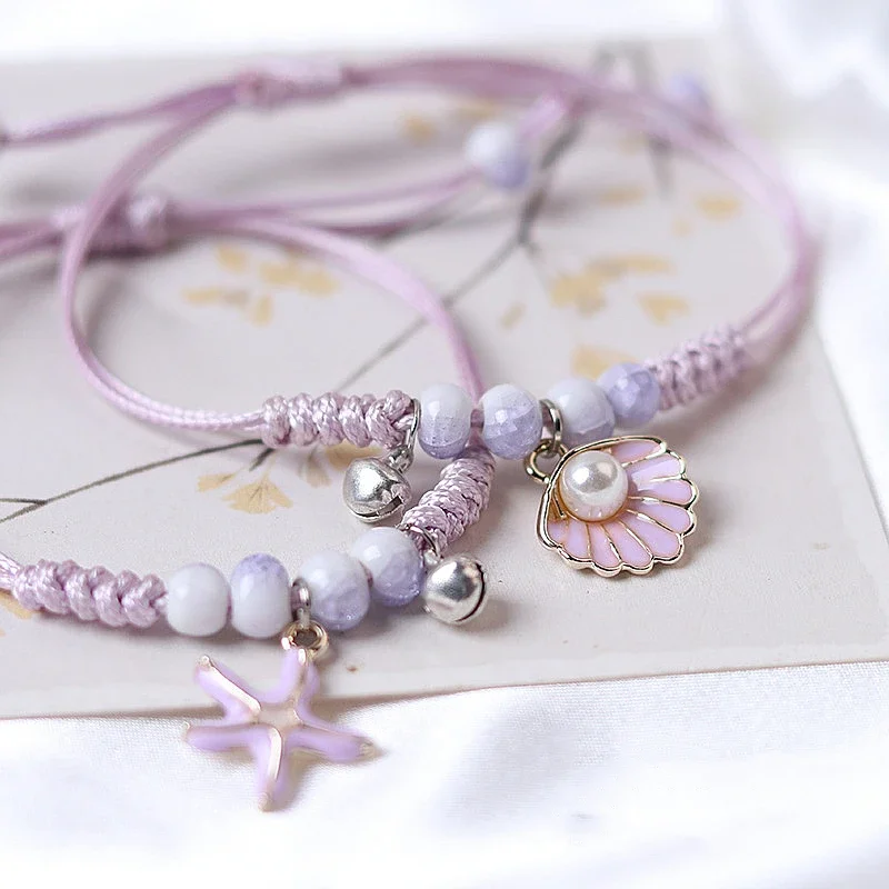 Creative Starfish Shells Pearl Pendant Bracelet Women Girls Handmade Purple Braided  Bangle Adjustable Summer Sand Gifts Jewelry