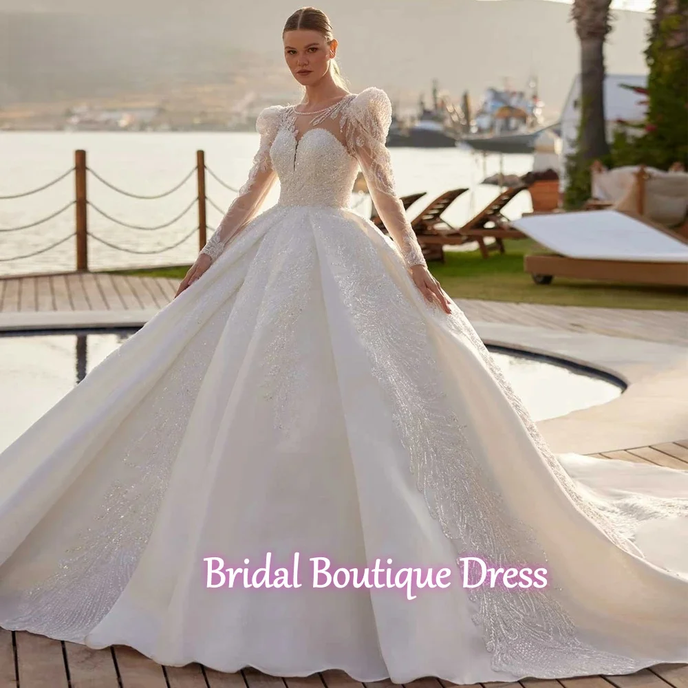 

Изысканные свадебные платья-бальные платья с индивидуальным дизайном, пышными рукавами, расшитые бисером и кружевом, со шлейфом-чапел, vestido de no