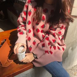 OCEANLOVE Sweet Women Sweaters Strawberries Print Long Pullovers Tops 2020 Autumn Winter Loose Sueter Mujer Girls Knitwear 12498