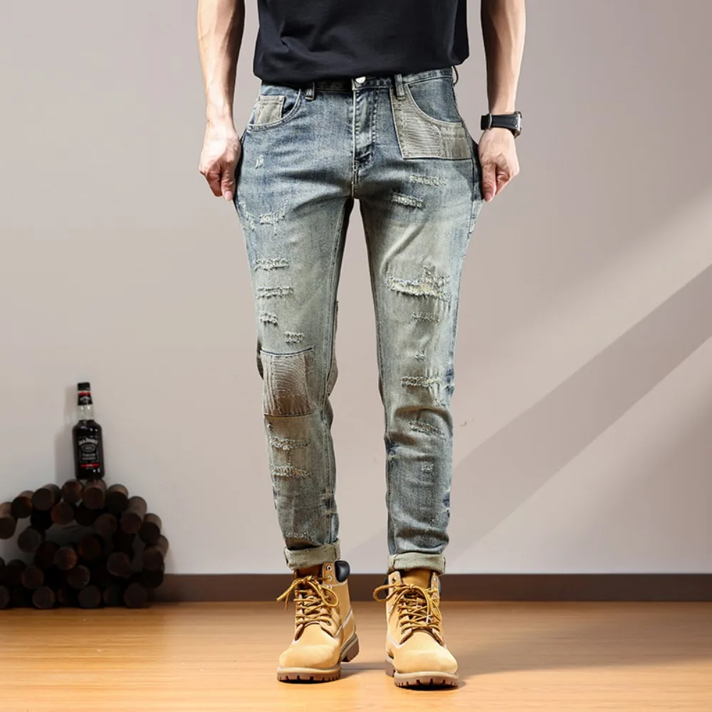 Autumn and Winter American Jeans for Men Slim Fit Small Straight Feet Retro Ripped Patch Patched Pants Skinny Jeans Men