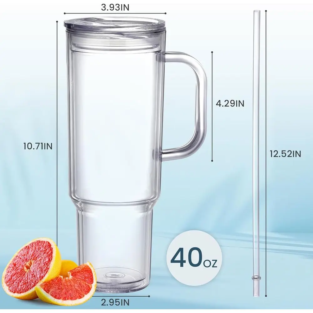 Vaso de plástico transparente de doble pared con asa, tapa de paja y juego de tazas de viaje reutilizables (paquete de 4)