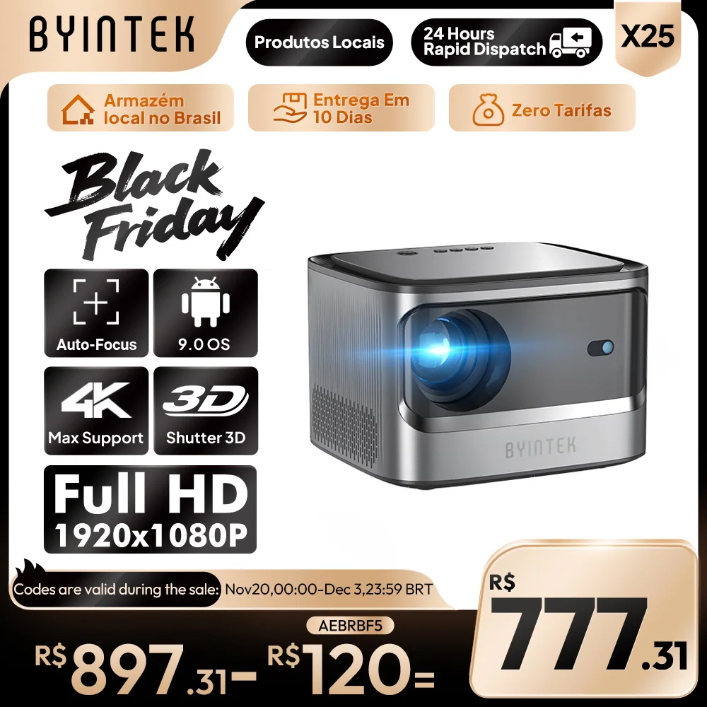 BYINTEK X25 풀 HD 비디오 900Ansi 자동 초점 와이파이 스마트 안드로이드 9.0, LCD LED 비디오, 홈 시어터 프로젝터, 1080P, 4K