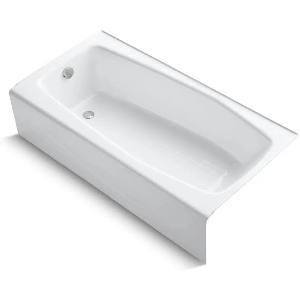 Bañera de hierro fundido para alcoba 715-0 Villager de 60" x 30-1/4" con desagüe a la izquierda y delantal integral, superficie antideslizante Saeguard, blanca