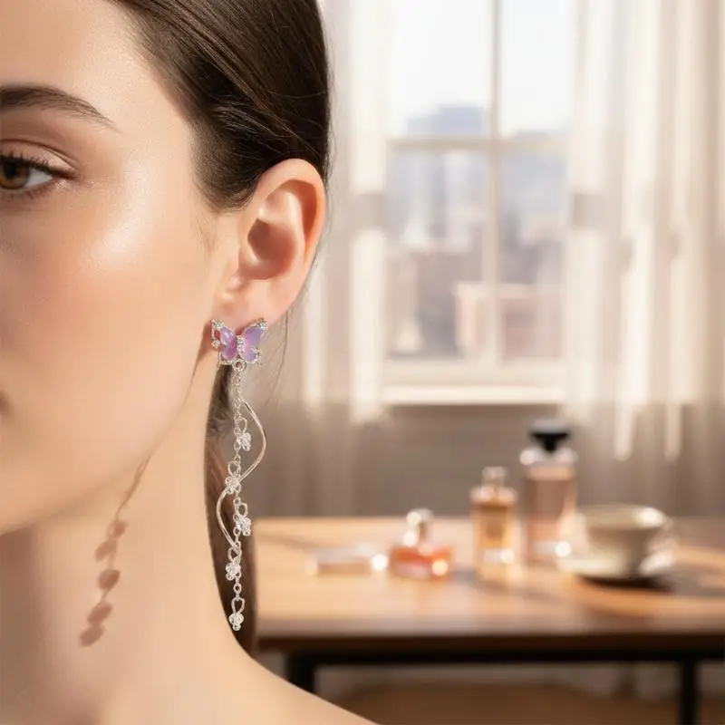 Fashion Exquisite Butterfly Long Tassel Earrings Shiny Sweet Lightweight Jewelry for Daily Commute Wear