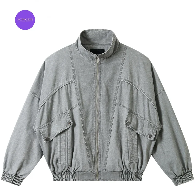 ACOMOSON EU US Size Retro Washed Denim Work Jacket With Large Pockets Travel Holiday Unisex Loose-Fit Vintage Casual Jacket