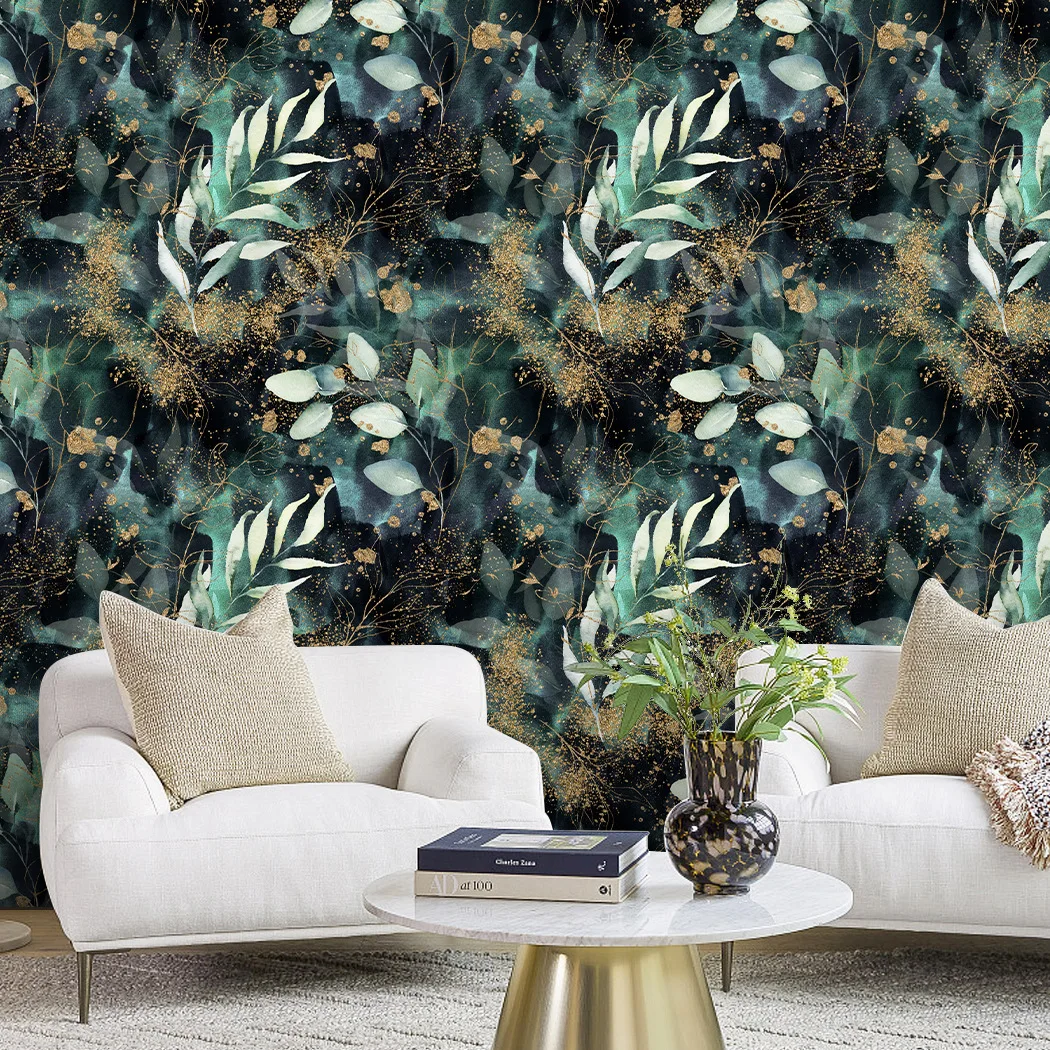 Boho Peel and Stick Wallpaper Leaves Branch Removable Black/Green/Matte Gold Vinyl Self Adhesive Mural for Bedroom