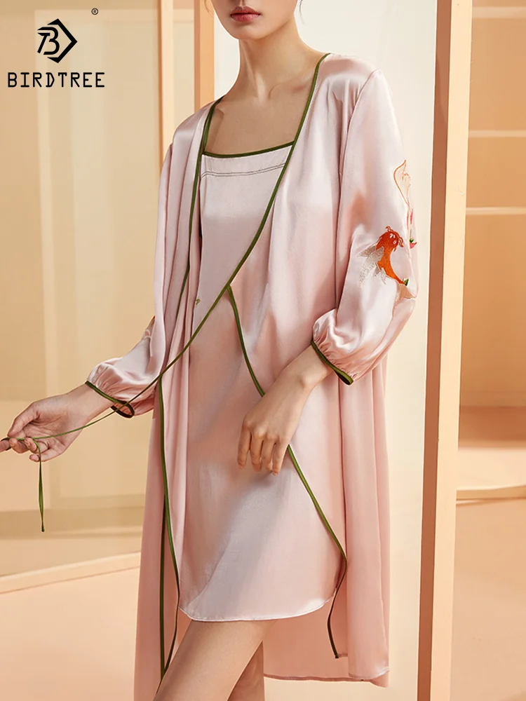 

BirdTree 100%Mulberry Silk Nightgown for Women, V Neck Embroidery Night-robe, Sexy Breathable Pajama, 2024 Spring S41908QM