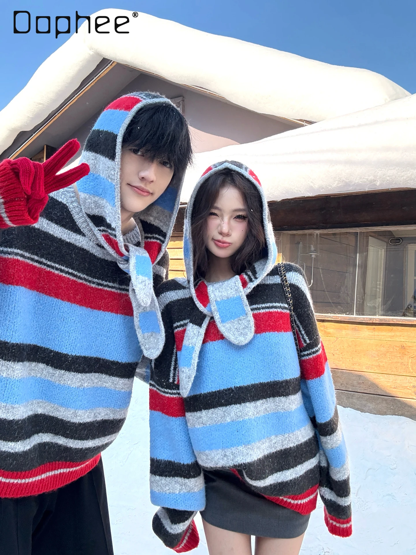 

Осень-зима 2022, новый съемный полосатый свитер с капюшоном, унисекс, свободный вязаный топ в стиле ретро с круглым вырезом для пары