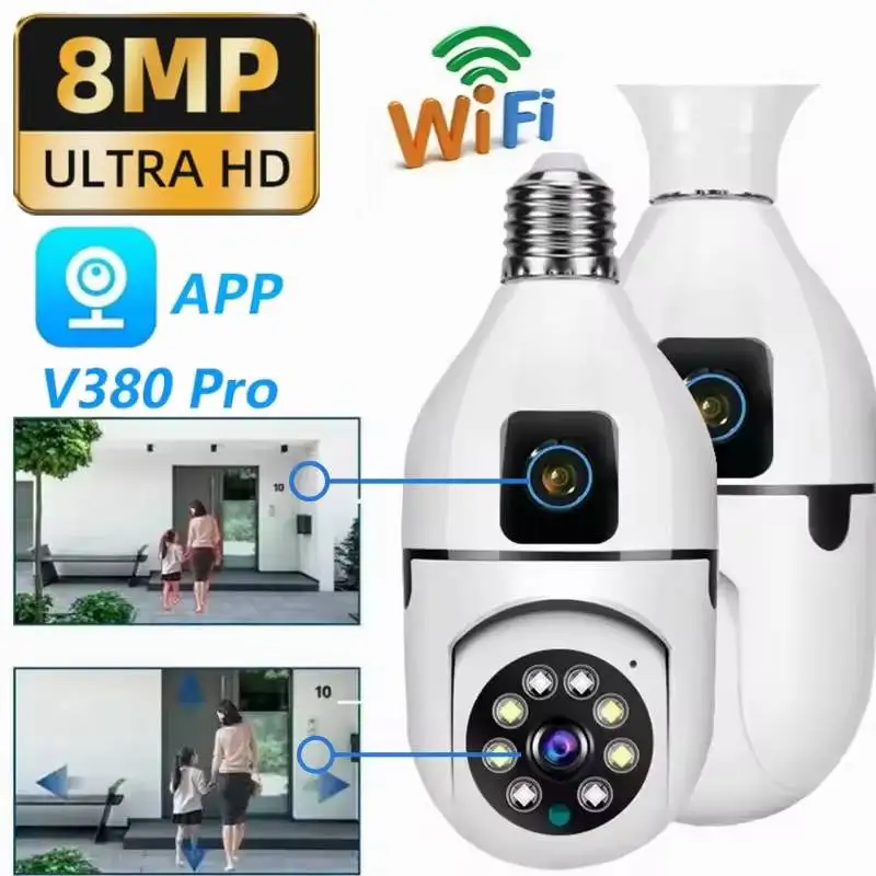 8MP WiFi 4K E27 Lamp Panoramische Camera Dual Lens Indoor Surveillance Ai Human Tracking Draadloze 8X Zoom PTZ Camera Home Monitor