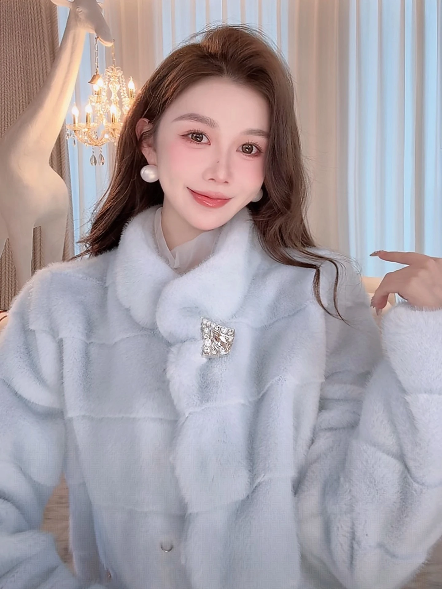 

Пальто AZZHEN Ice Blue Fsy из искусственного меха класса люкс, с воротником-стойкой, женское, модное, теплое, экологичное, из полиэфирного волокна