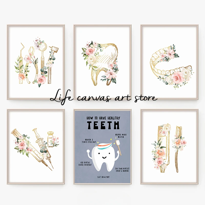 Vintage Teeth with Flowers Dental Office Dentist Hygienist Art Poster Canvas Painting Wall Prints Picture for Room Home Decor