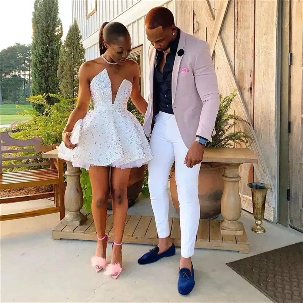 

2023 White Sequined Short Women Prom Celebrity Dress Strapless African Black Girl Graduation Party Gowns Robe De Soiree