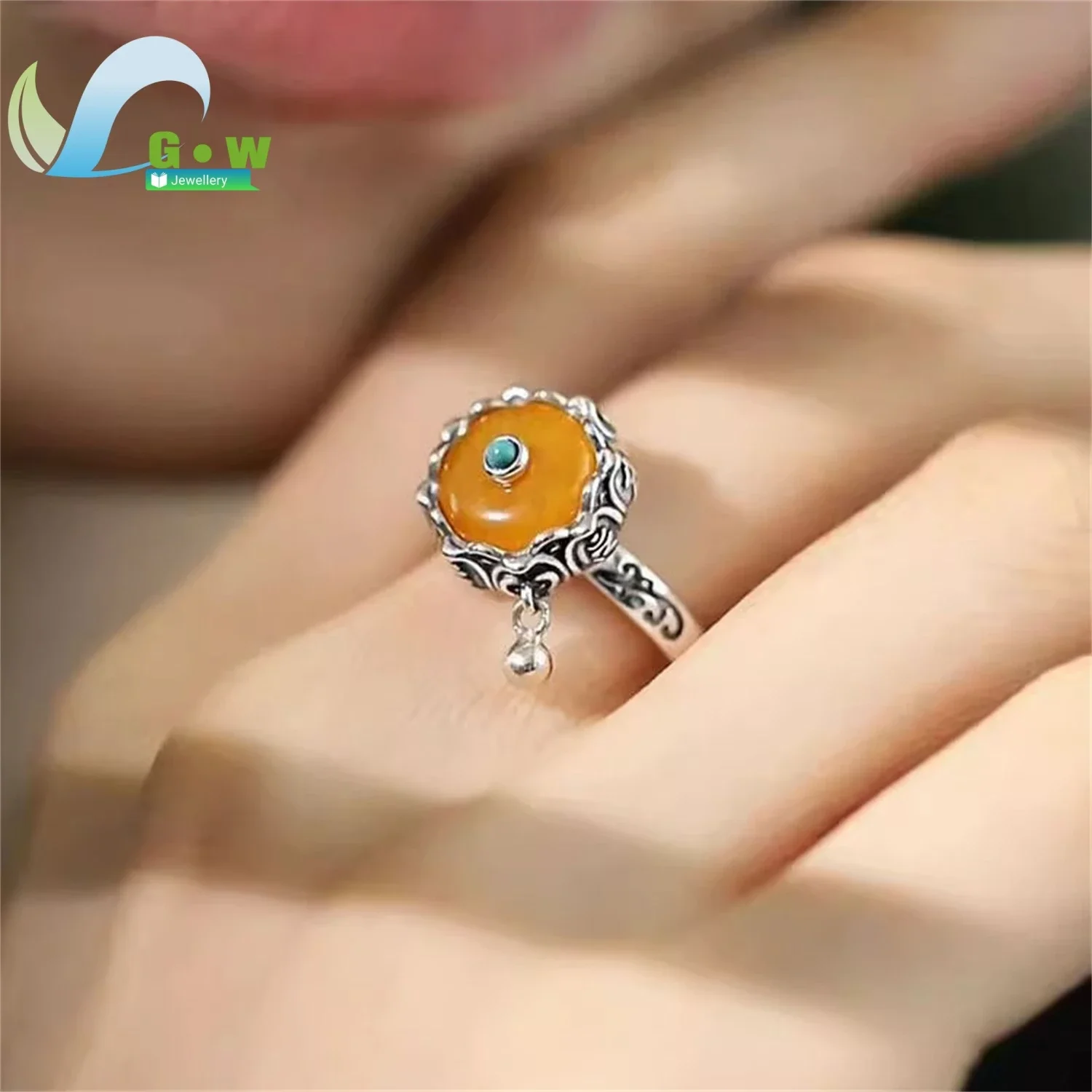 Rotatable Open Ring for Women Adjustable Amber 925 Sterling Silver Vintage Unique Fashion Jewelry Gift Minimalist Elegant Daily